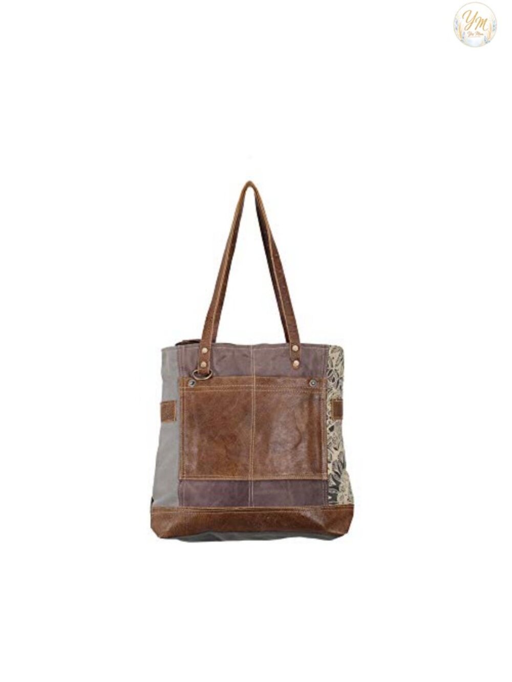 Upcycled Canvas Tote Bag with Leather Accents, Floral Side Print, Large